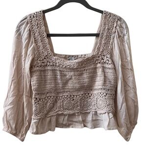 American Eagle Womens Crochet Smocked Blouse Size small Cream Peplum Square-neck